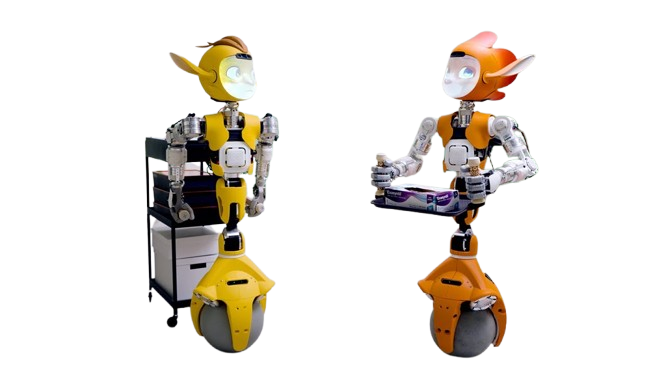 Two Mirokai robots: a humanoid upper body on a rolling ball base, one pushing a cart and one carrying a tray.